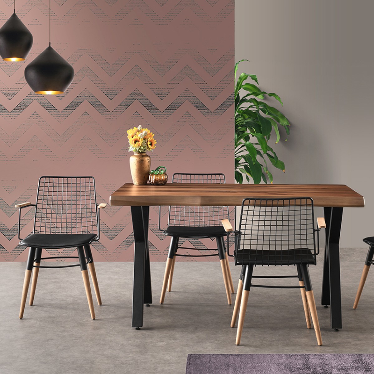 Artekko Efor Pera Τραπέζι MDF με Εφέ Κορμού Καφέ και Μεταλλικά Μαύρα Πόδια (140x80x75)cm
