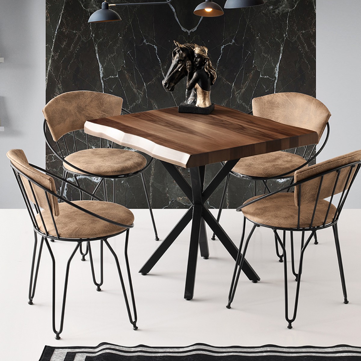 Artekko Safir Καφέ Τραπέζι MDF με Εφέ Κορμού και Μεταλλικά Μαύρα Πόδια (87x80x75)cm