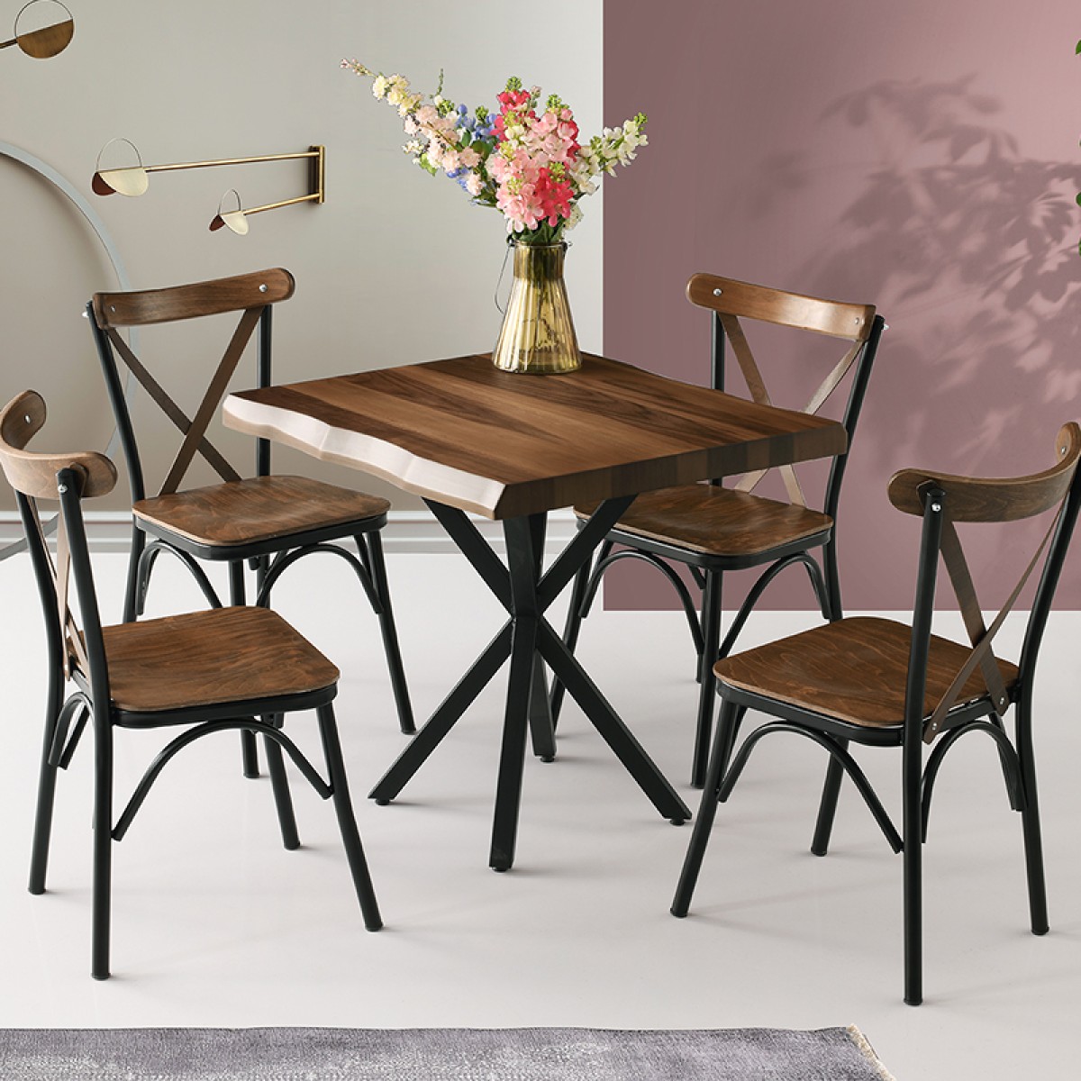 Artekko Safir Καφέ Τραπέζι MDF με Εφέ Κορμού και Μεταλλικά Μαύρα Πόδια (87x80x75)cm