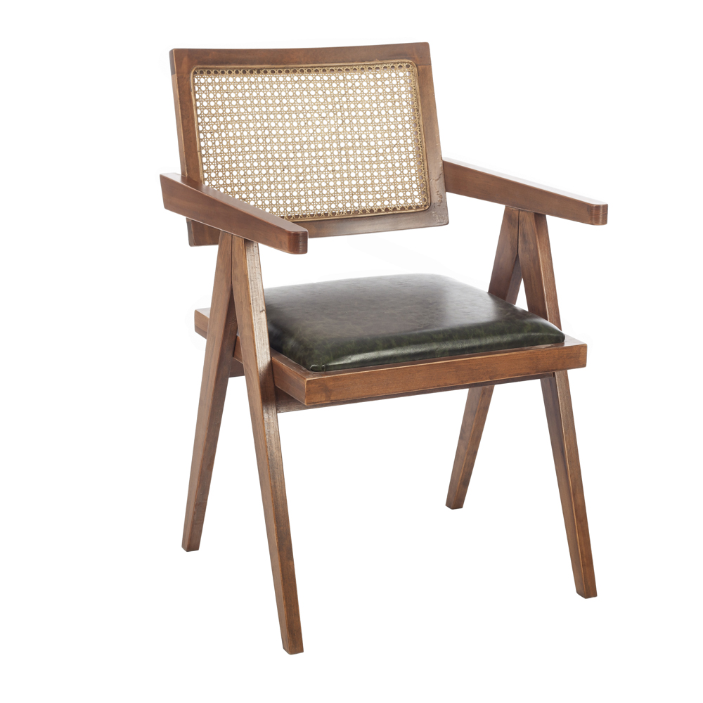 Artekko Suva Rattan Καρέκλα με Καφέ Ξύλινο Σκελετό με Ψάθα και Πράσινο Τεχνόδερμα (52x55x80)cm