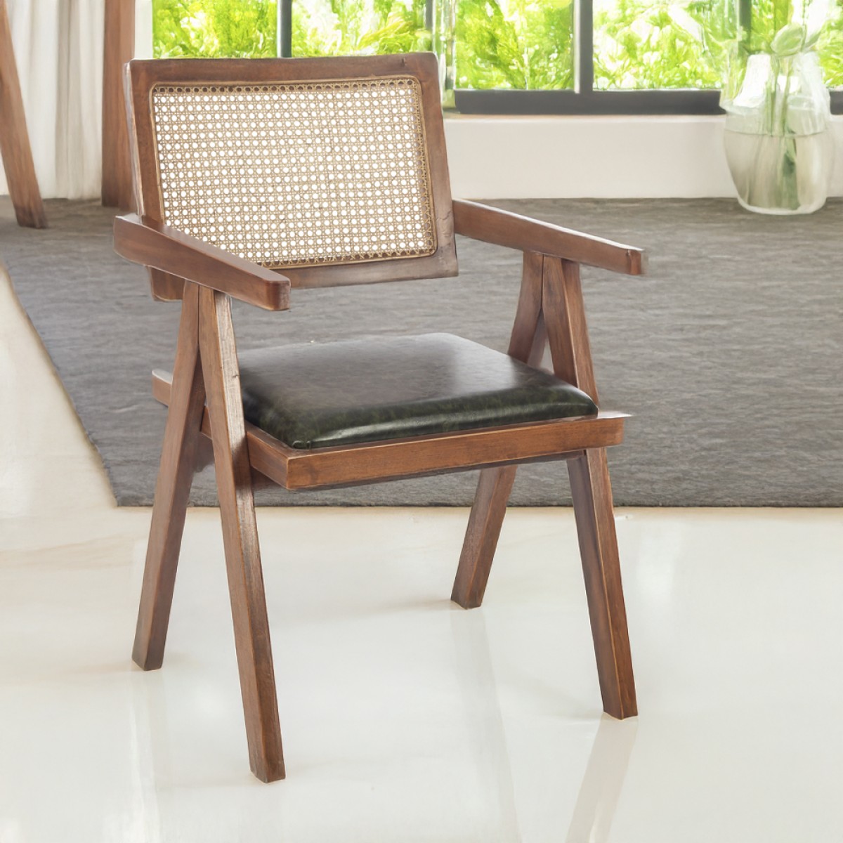 Artekko Suva Rattan Καρέκλα με Καφέ Ξύλινο Σκελετό με Ψάθα και Πράσινο Τεχνόδερμα (52x55x80)cm