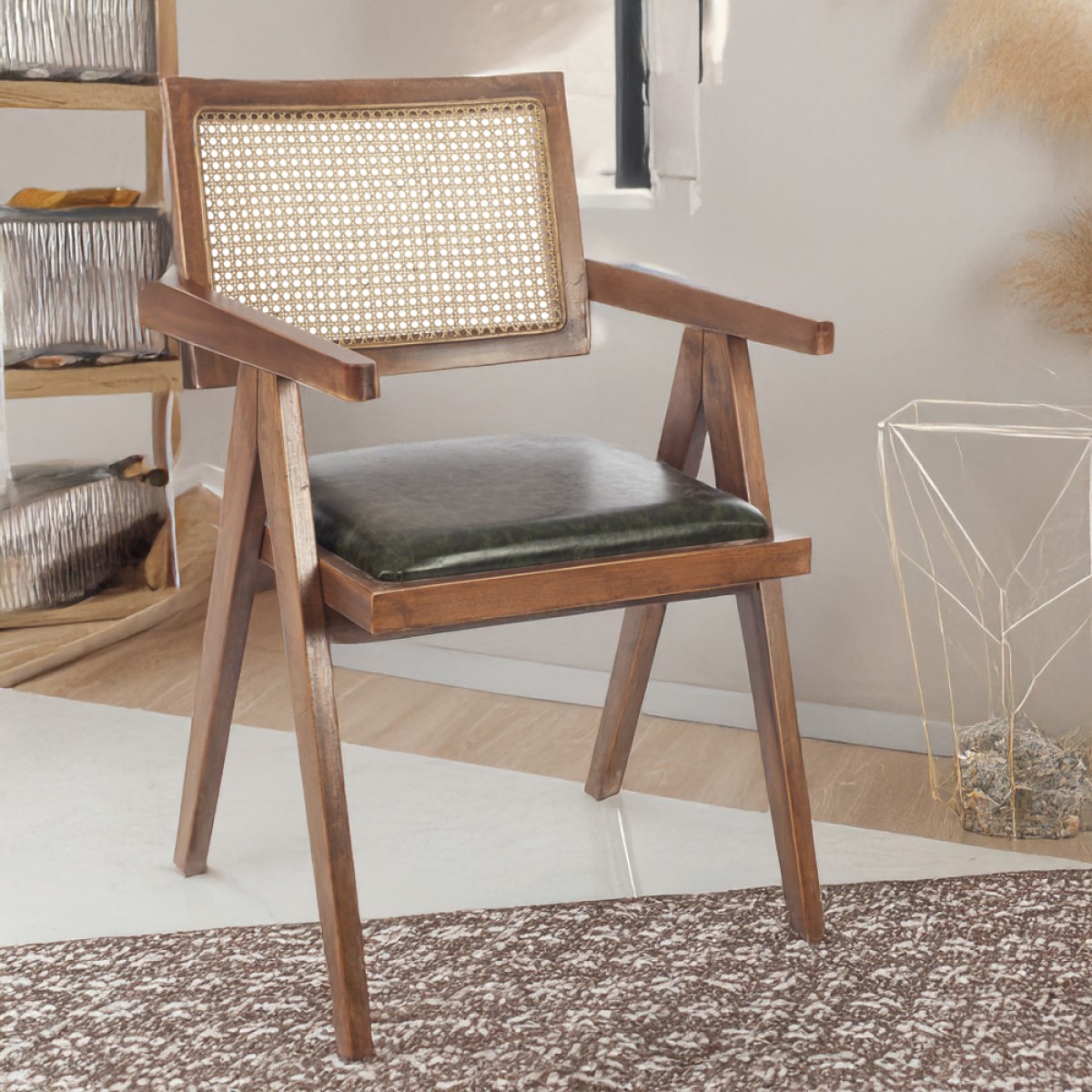 Artekko Suva Rattan Καρέκλα με Καφέ Ξύλινο Σκελετό με Ψάθα και Πράσινο Τεχνόδερμα (52x55x80)cm