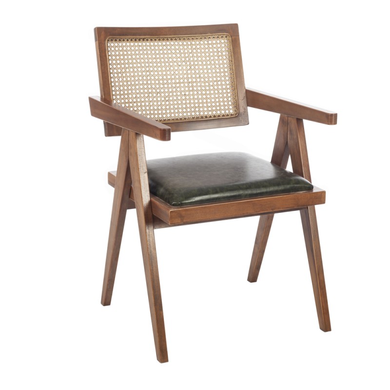 Artekko Suva Rattan Καρέκλα με Καφέ Ξύλινο Σκελετό με Ψάθα και Πράσινο Τεχνόδερμα (52x55x80)cm