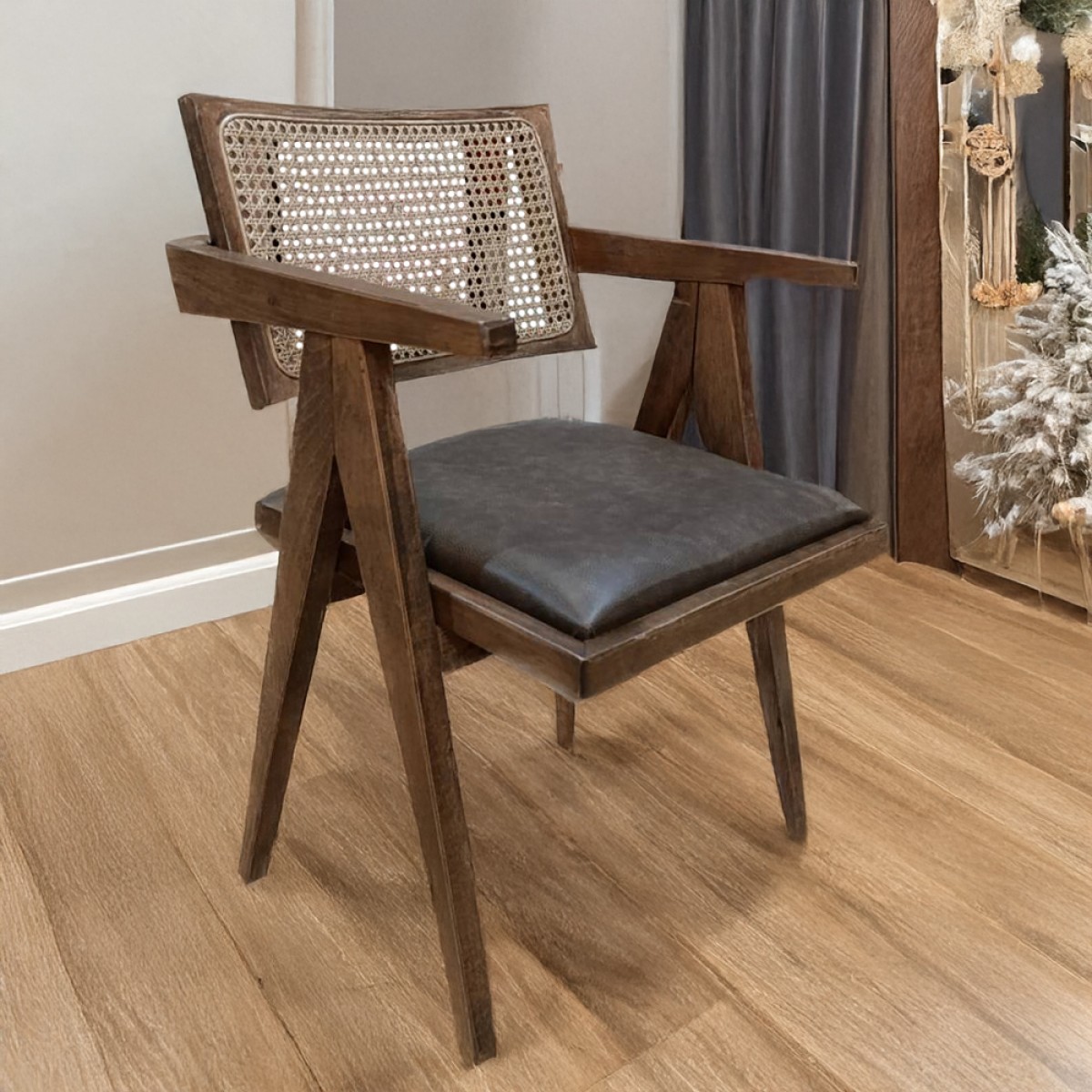 Artekko Suva Rattan Καρέκλα με Καφέ Ξύλινο Σκελετό με Ψάθα και Καφέ Τεχνόδερμα (52x55x80)cm