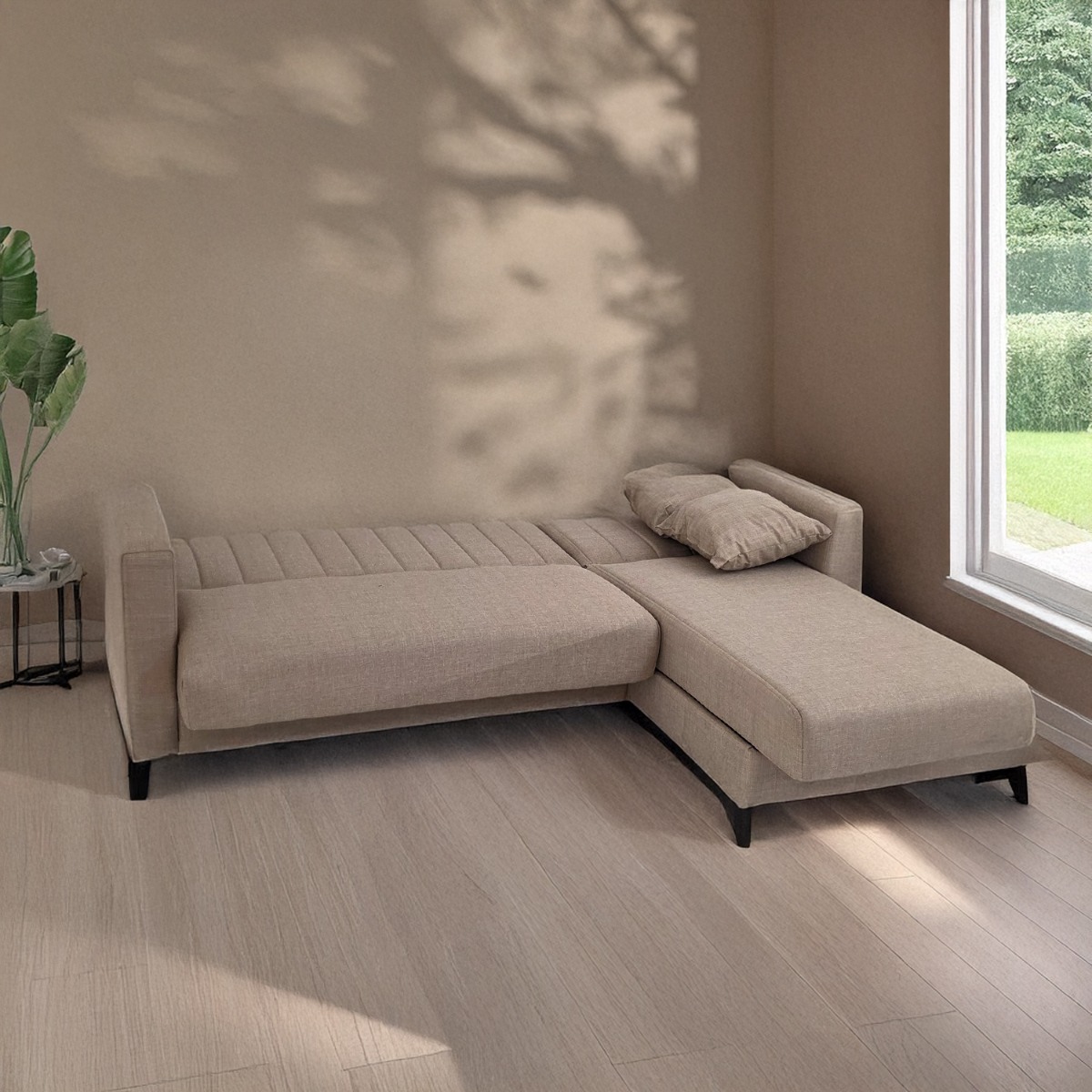 Artekko Pixie Μπεζ Τριθέσιος Καναπές Κρεβάτι με Αναστρέψιμη Γωνία και Αποθηκευτικό Χώρο (200x135x85)cm Κρεβάτι (180x100x45)cm