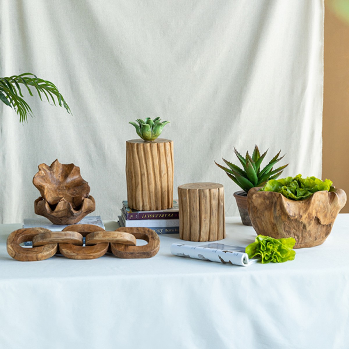 Artekko Woody Διακοσμητική Αλυσίδα από Ξύλο Teak Φυσική Απόχρωση (20x20x25)cm Σετ/2