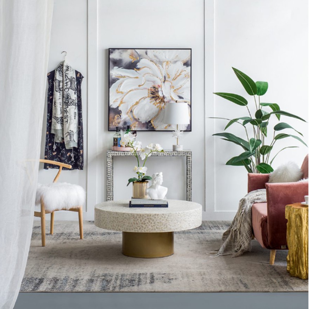 Artekko Ivory Τραπέζι Σαλονιού MDF Capiz Άσπρο Μπεζ (89x89x41)cm