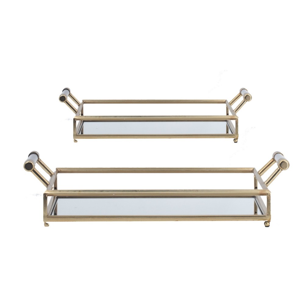 Artekko Tray Διακοσμητικός Δίσκος με Καθρέπτη Μέταλλο Γυαλί Χρυσό (56x31x12.5)cm Σετ/2
