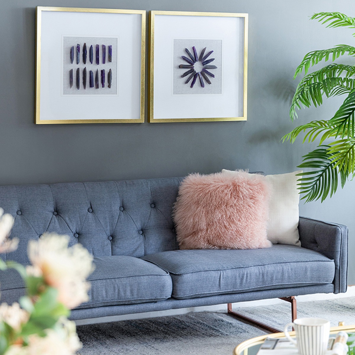 Artekko Mosaic Πίνακες με Διακοσμητικό Μοβ Αχάτη σε Χρυσή Κορνίζα (60x60x3)cm 2pcs