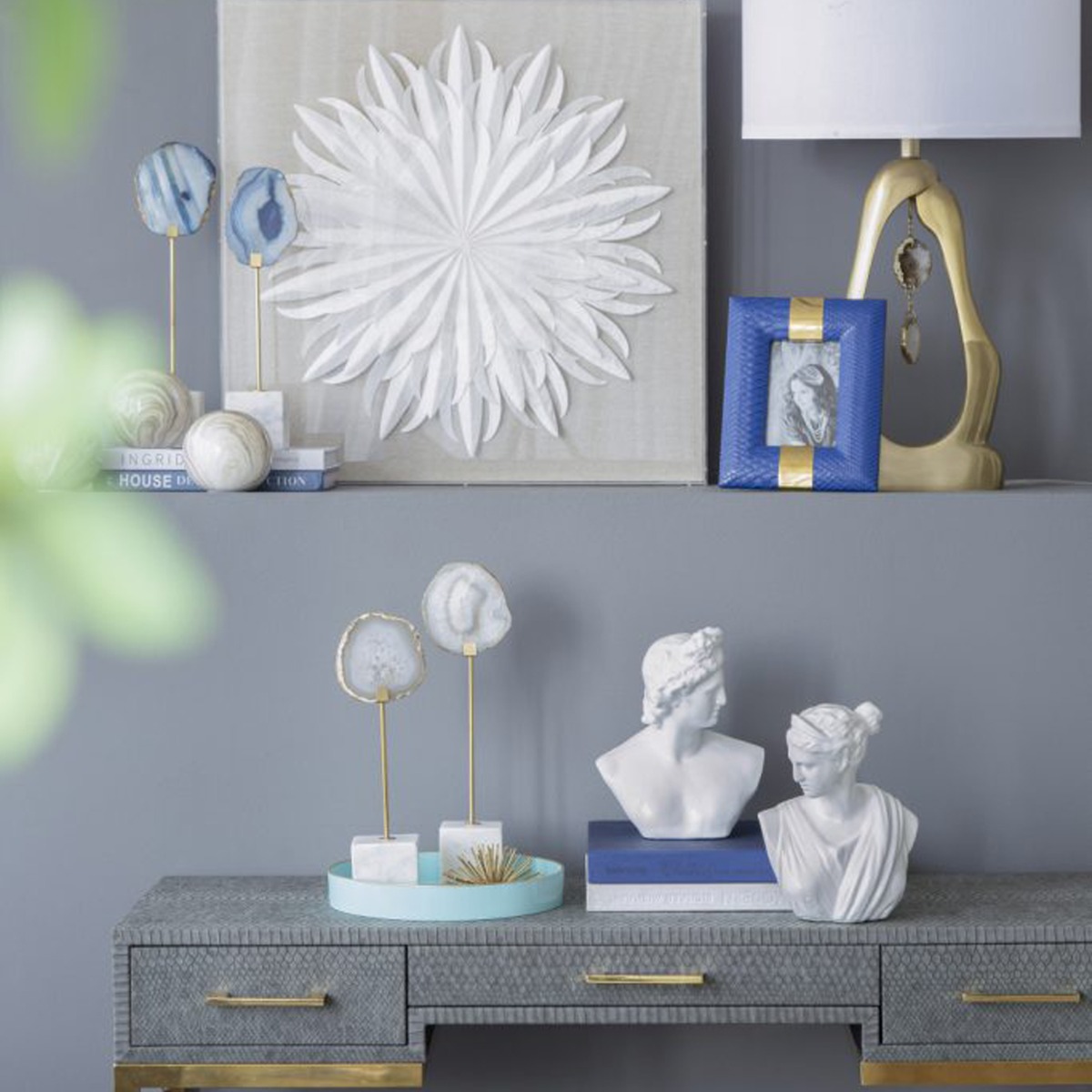 Artekko Agate Επιτραπέζια Διακοσμητικά με Μπλε Αχάτη σε Μαρμάρινη Βάση (10x6.5x36)cm 2pcs