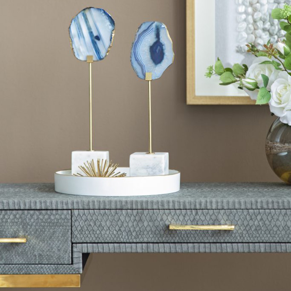 Artekko Agate Επιτραπέζια Διακοσμητικά με Μπλε Αχάτη σε Μαρμάρινη Βάση (10x6.5x36)cm 2pcs