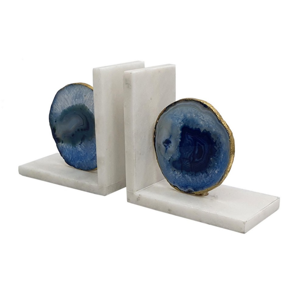 Artekko Agate Βιβλιοστάτης με Αχάτη Μάρμαρο Μπλε Χρυσό (14x8x14)cm Σετ/2