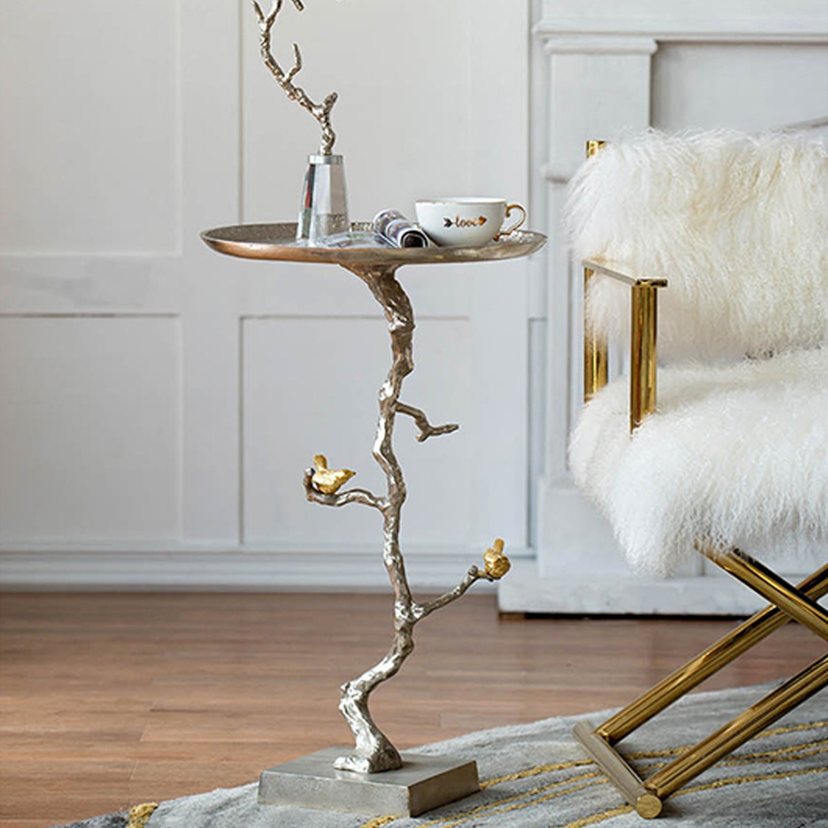 Artekko Branch Ασημί Μεταλλικό Βοηθητικό Τραπέζι με Χρυσές Λεπτομέρειες (43x43x71)cm