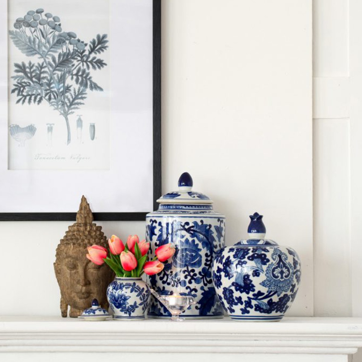 Artekko Melania Διακοσμητικό Δοχείο Βάζο με Καπάκι Πορσελάνης σε Λευκό με Μπλε (20.3x20.3x25.4)cm