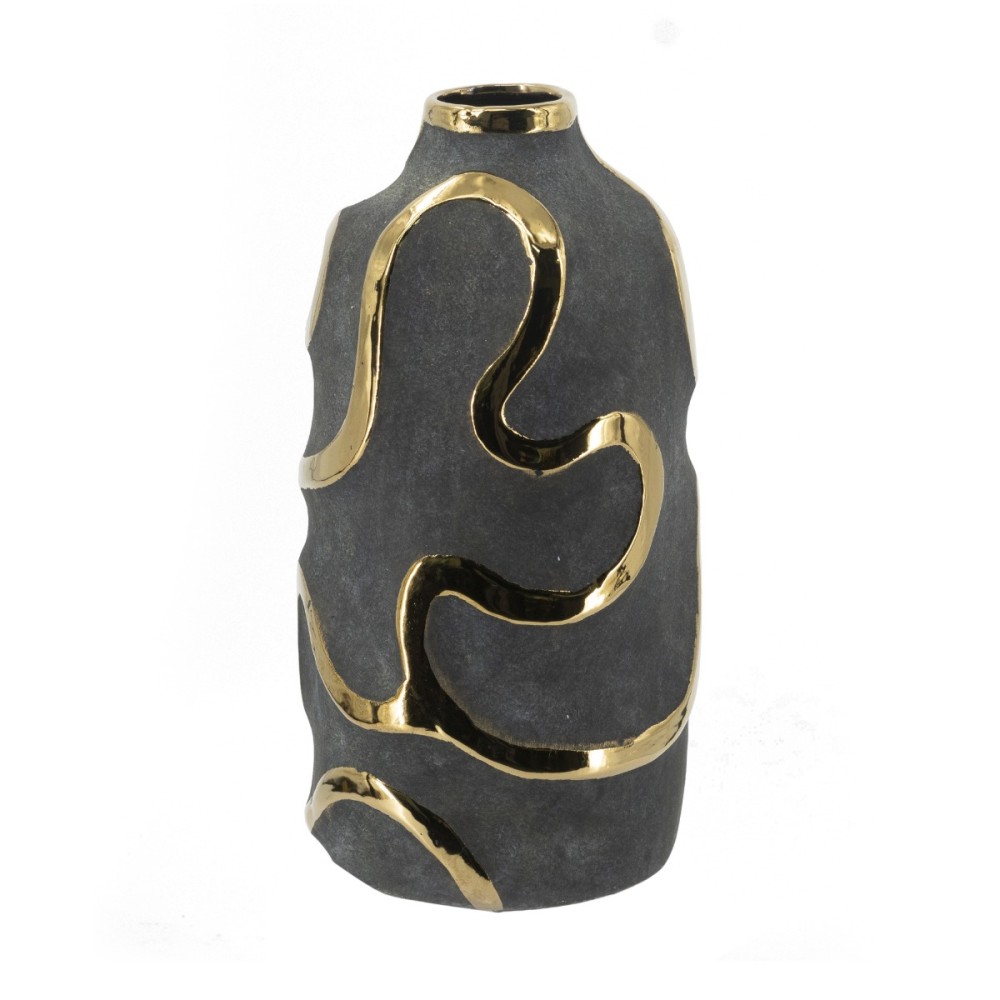 Artekko Candia Μαύρο Κεραμικό Βάζο με Χρυσές Λεπτομέρειες (17.5x17.5x35.5)cm