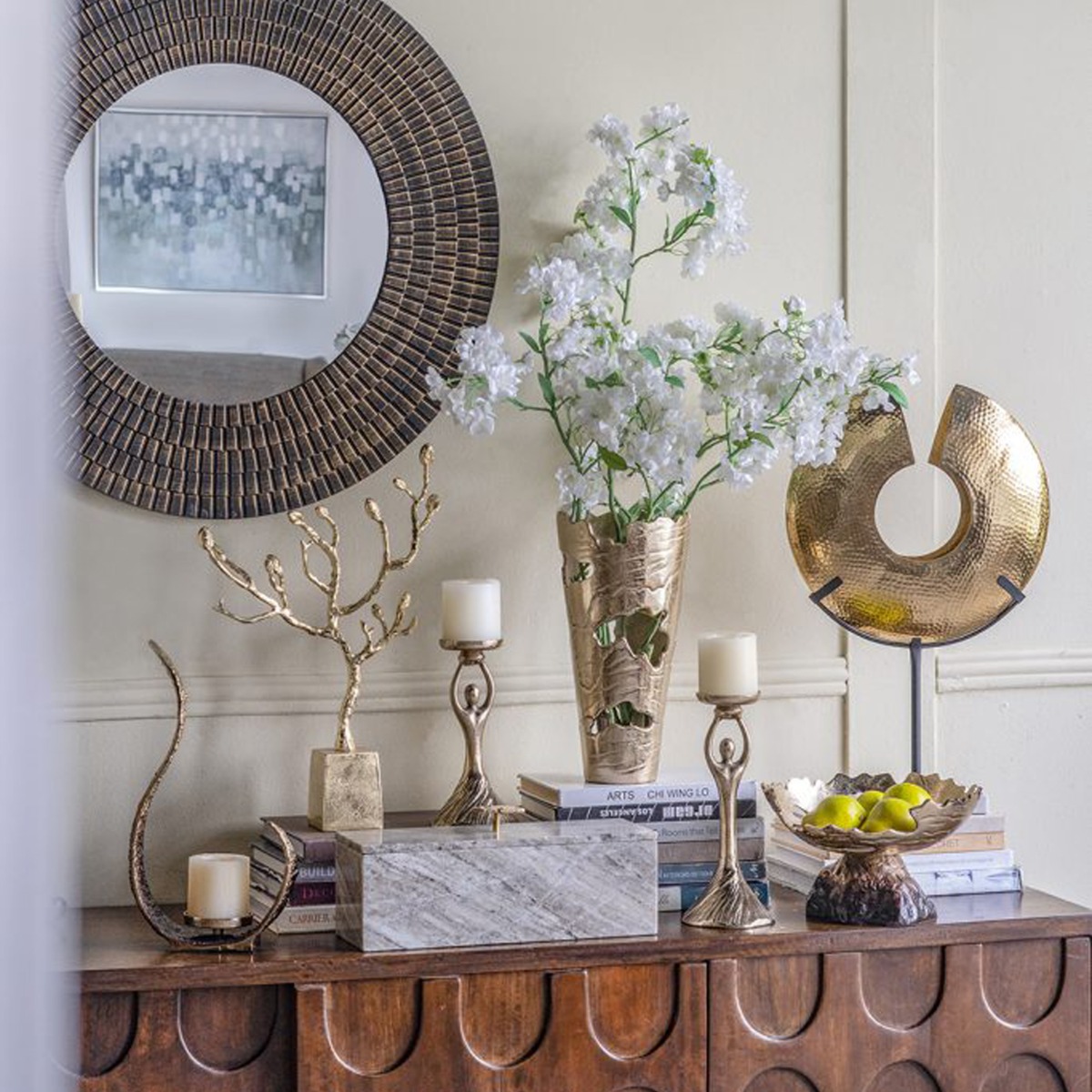 Artekko Zuccal Χρυσό Μεταλλικό Επιτραπέζιο Διακοσμητικό σε Λευκή Μαρμάρινη Βάση (35x10x59)cm