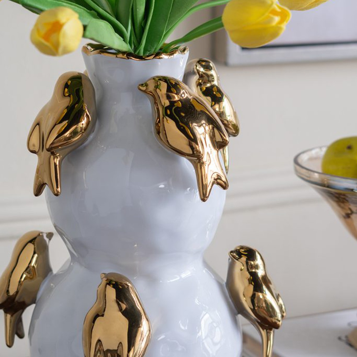 Artekko Bird Λευκό Κεραμικό Βάζο με Χρυσά Πουλιά (21.7x21.7x36)cm