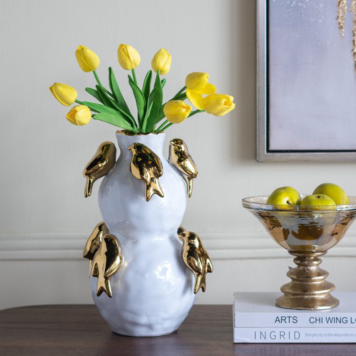 Artekko Bird Λευκό Κεραμικό Βάζο με Χρυσά Πουλιά (21.7x21.7x36)cm