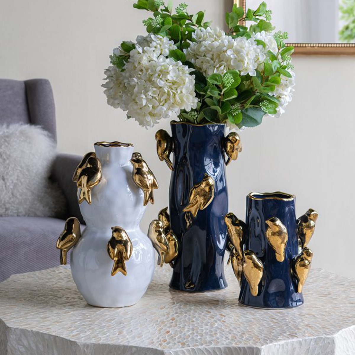 Artekko Bird Λευκό Κεραμικό Βάζο με Χρυσά Πουλιά (21.7x21.7x36)cm