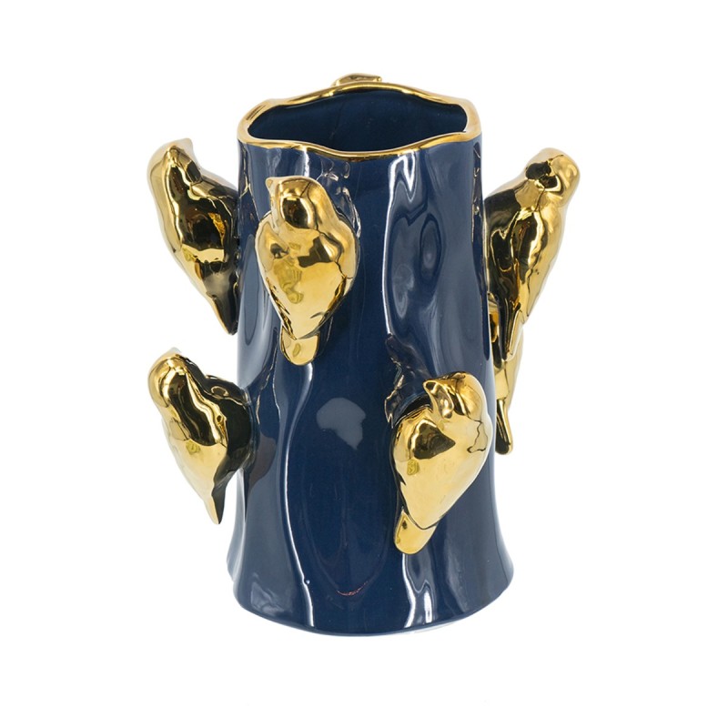 Artekko Glazed Μπλε Κεραμικό Βάζο με Χρυσά Πουλιά (22x22x24.3)cm