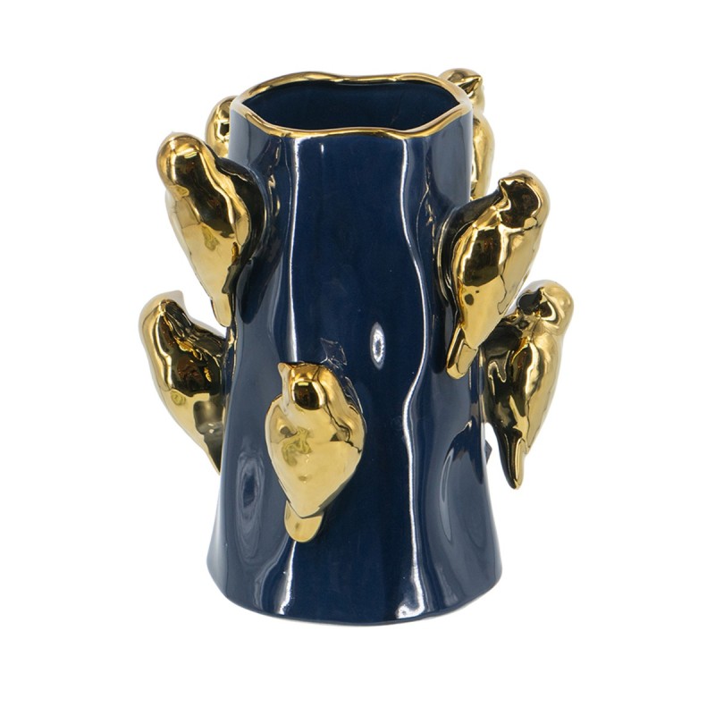 Artekko Glazed Μπλε Κεραμικό Βάζο με Χρυσά Πουλιά (22x22x24.3)cm