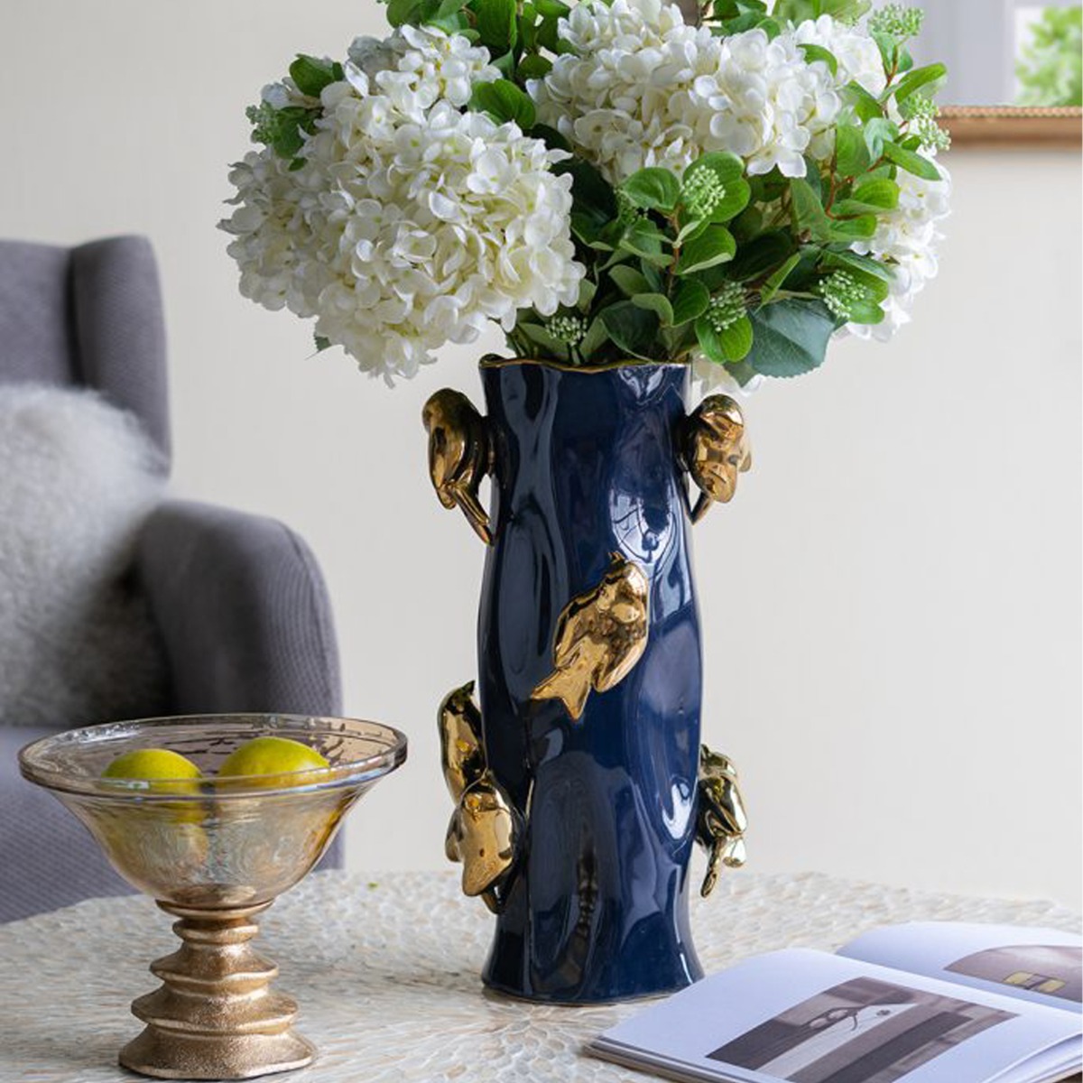 Artekko Bird Μπλε Κεραμικό Βάζο με Χρυσά Πουλιά (20.5x20.5x39.5)cm