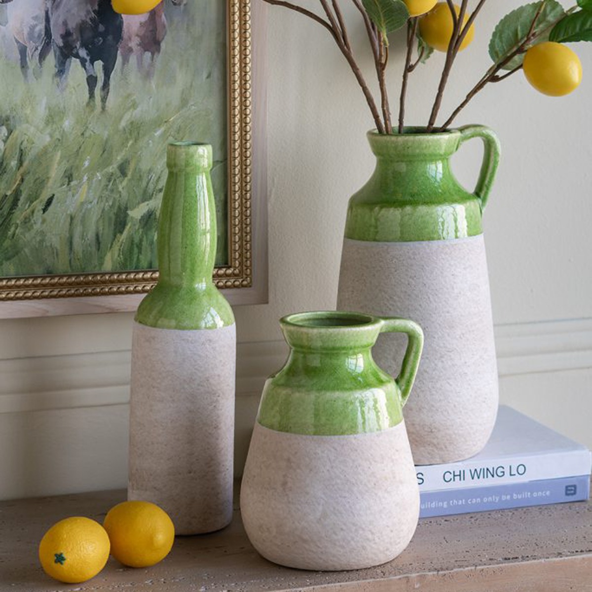 Artekko Candia Πράσινο Κεραμικό Βάζο με Μπεζ (15.5x14.5x30)cm