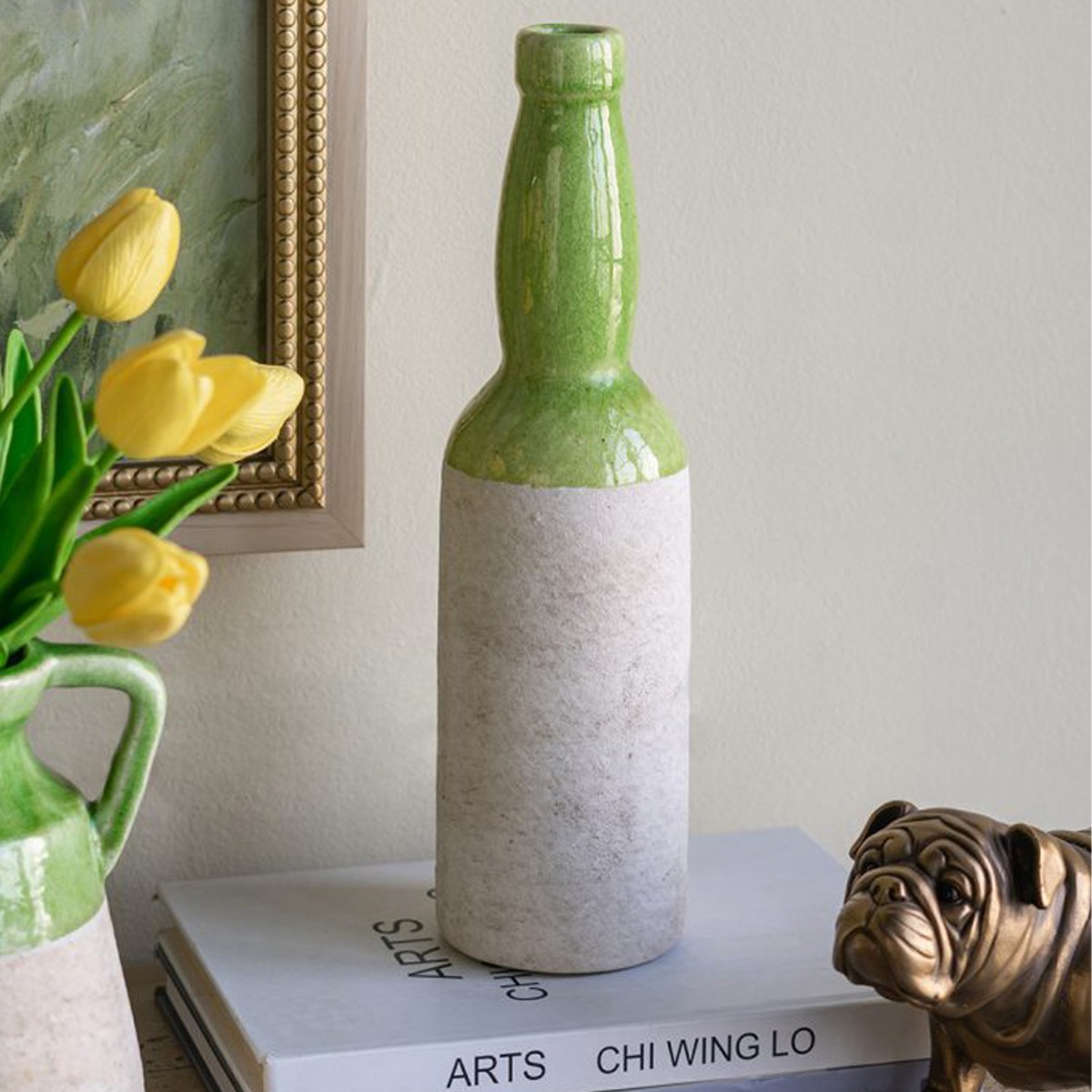 Artekko Candia Πράσινο Κεραμικό Βάζο με Μπεζ (9.5x9.5x35)cm