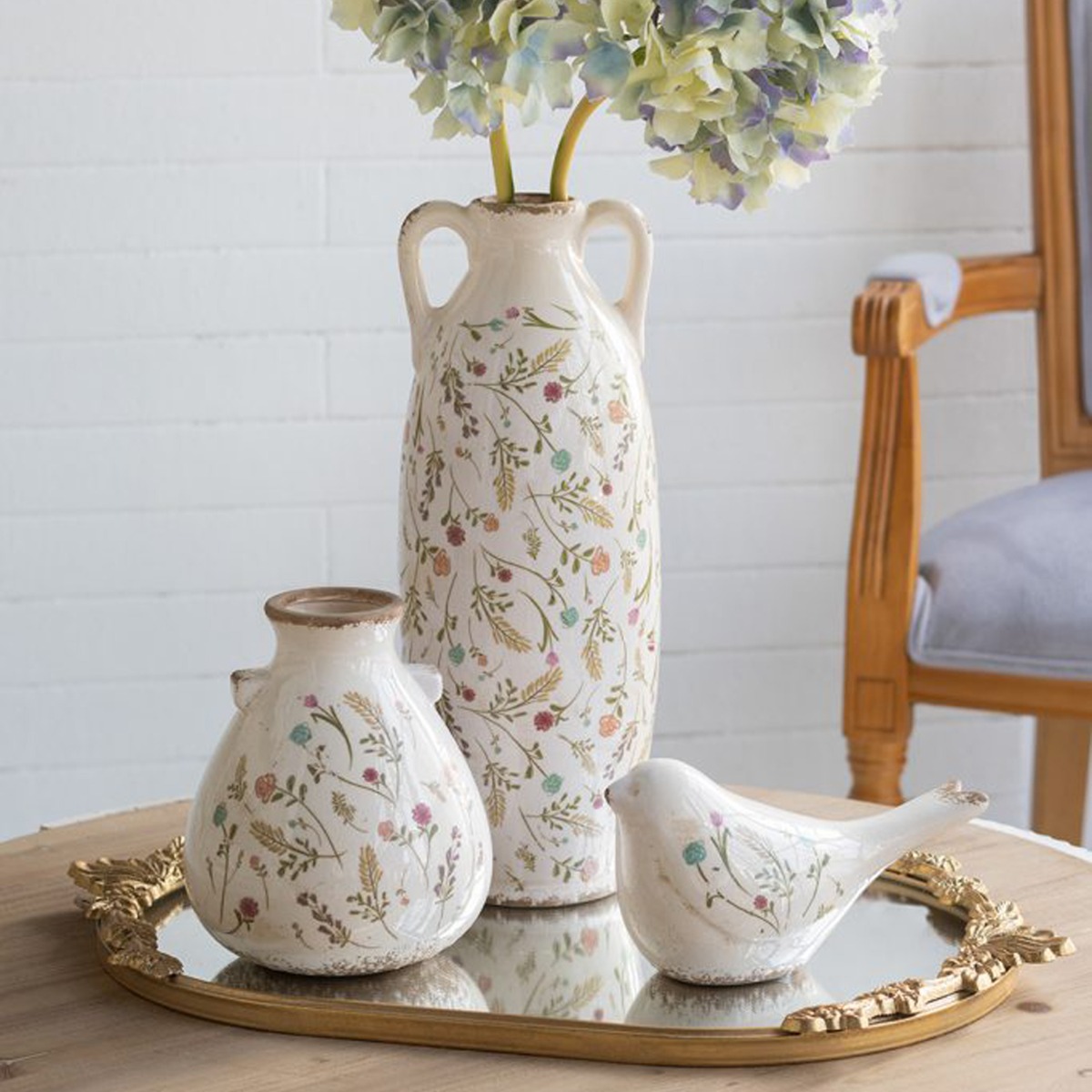 Artekko Aging Λευκό Κεραμικό Διακοσμητικό Πουλί με Λουλούδια (20.5x9x11.5)cm