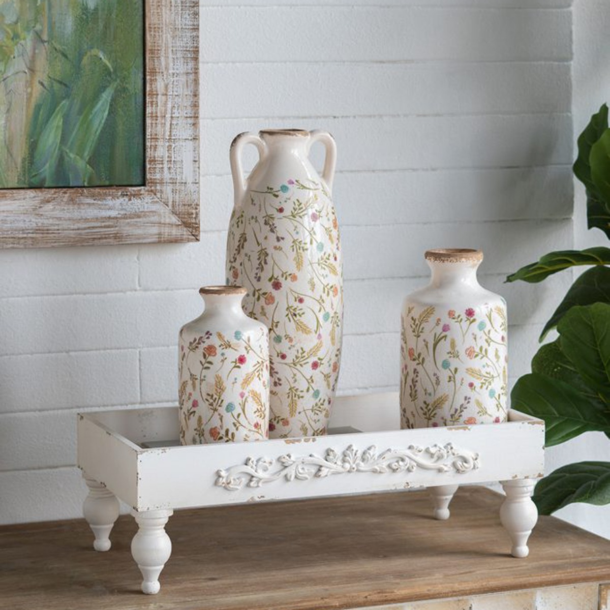 Artekko Aging Λευκό Κεραμικό Βάζο με Λουλούδια (13.5x13.5x27)cm