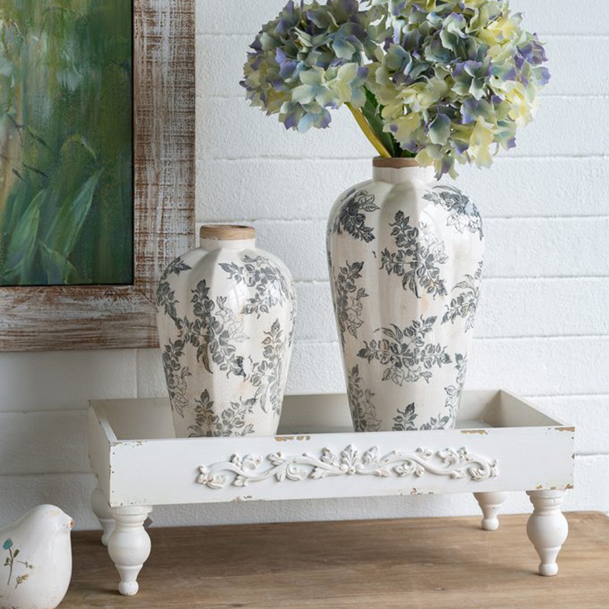 Artekko Aging Λευκό Κεραμικό Βάζο με Γκρι Λουλούδια (13x13x29.5)cm