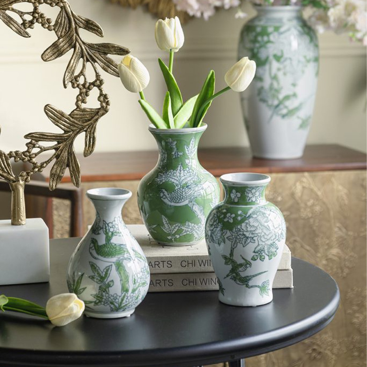 Artekko Melania Διακοσμητικά Βάζα Πορσελάνης σε Άσπρο με Πράσινο (10x10x15.5)cm 3pcs