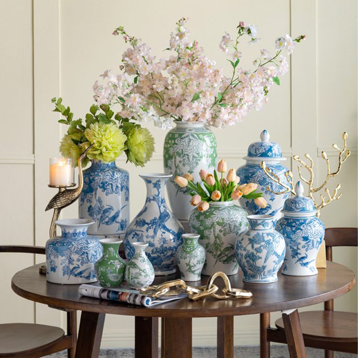 Artekko Melania Διακοσμητικά Βάζα Πορσελάνης σε Άσπρο με Πράσινο (10x10x15.5)cm 3pcs