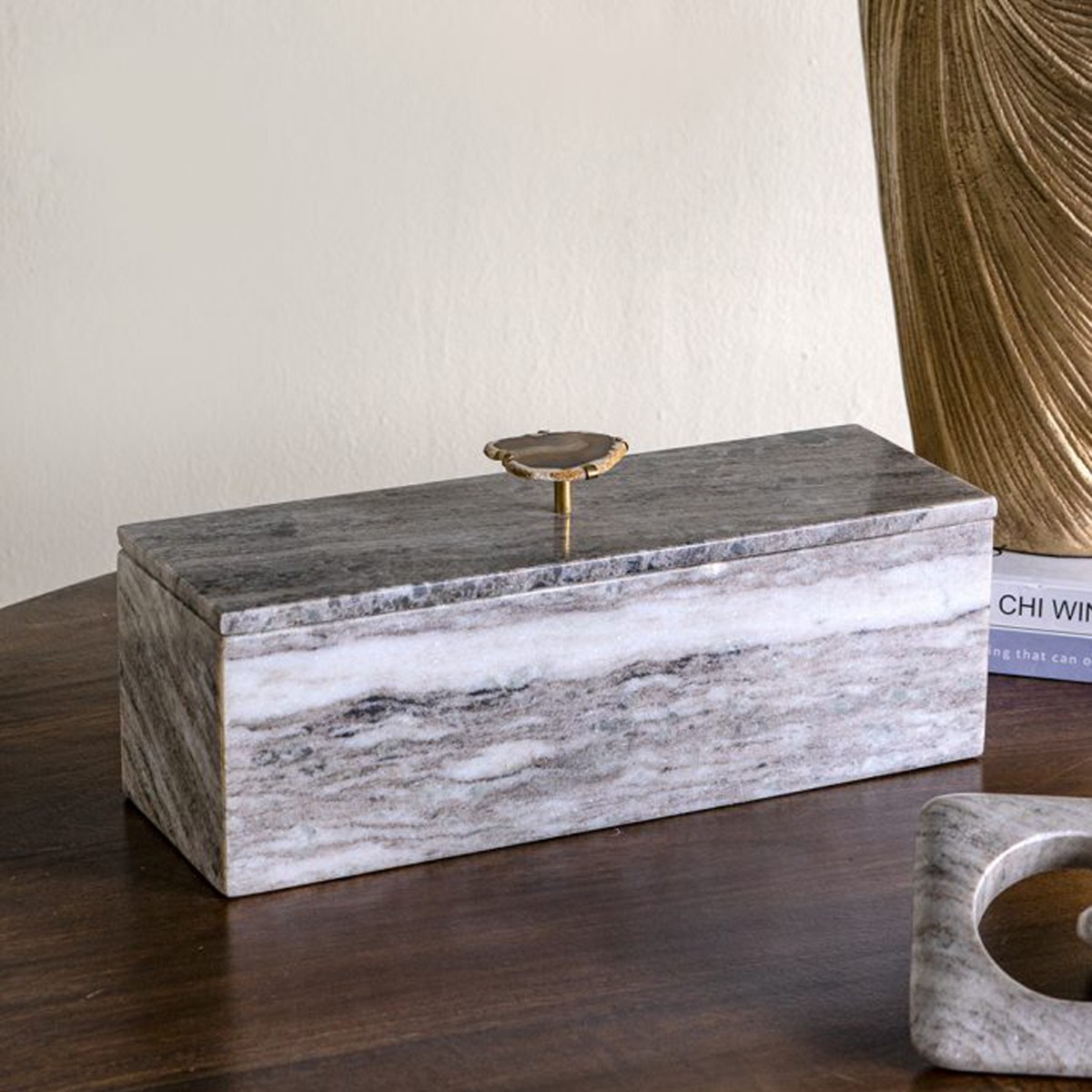 Artekko Marble Γκρι Μαρμάρινο Διακοσμητικό Κουτί Κοσμηματοθήκη με Αχάτη (38x12.5x16)cm
