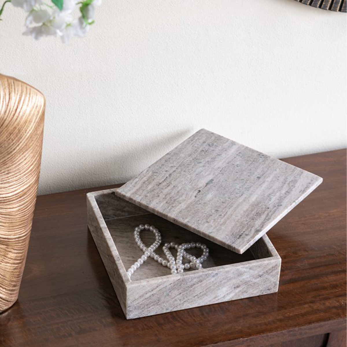 Artekko Marble Γκρι Μαρμάρινο Διακοσμητικό Κουτί Κοσμηματοθήκη (25x25x8)cm