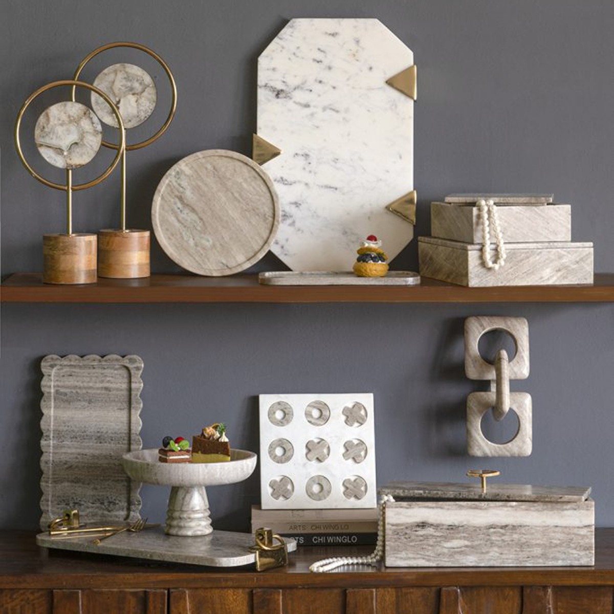 Artekko Tic Tac Toe Γκρι Μαρμάρινη Διακοσμητική Τρίλιζα σε Λευκή Βάση (23x23x1.5)cm