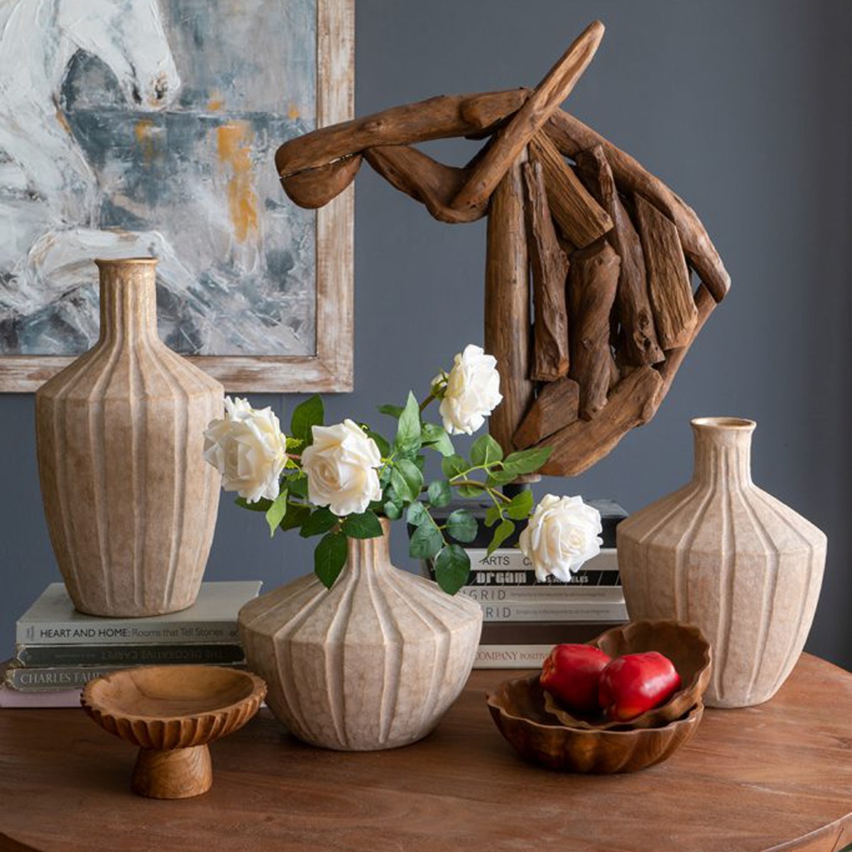 Artekko Candia Μπεζ Βάζο από Τερακότα με Χρυσό Φινίρισμα (28x28x25.5)cm