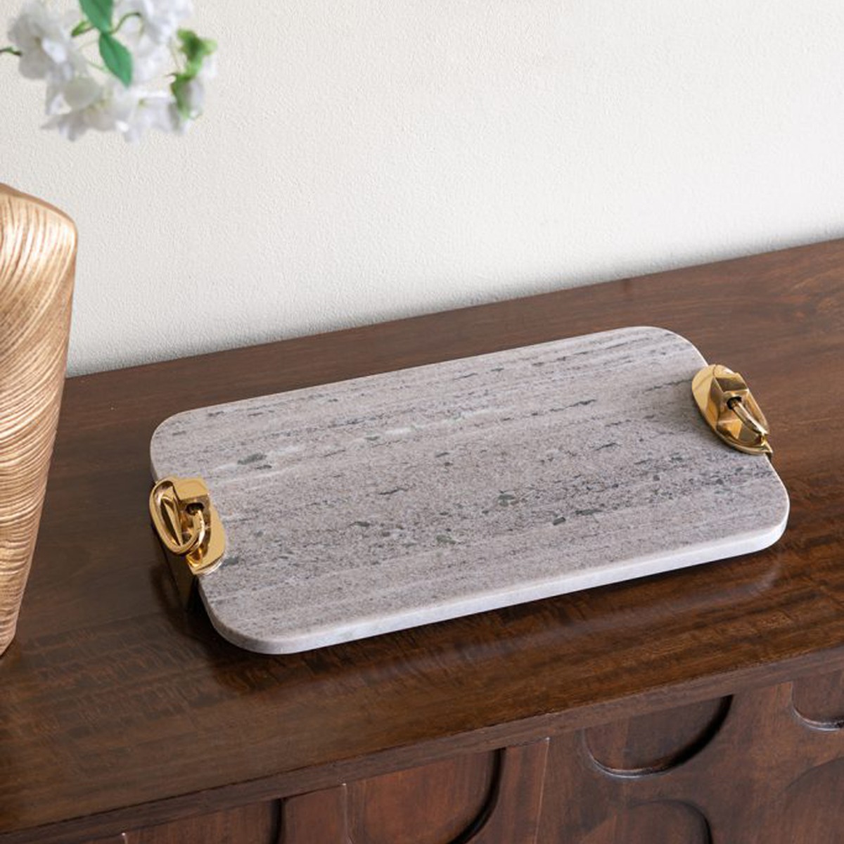 Artekko Marble Γκρι Μαρμάρινος Δίσκος Πλατό με Χρυσές Λεπτομέρειες (45.8x25.5x6.3)cm