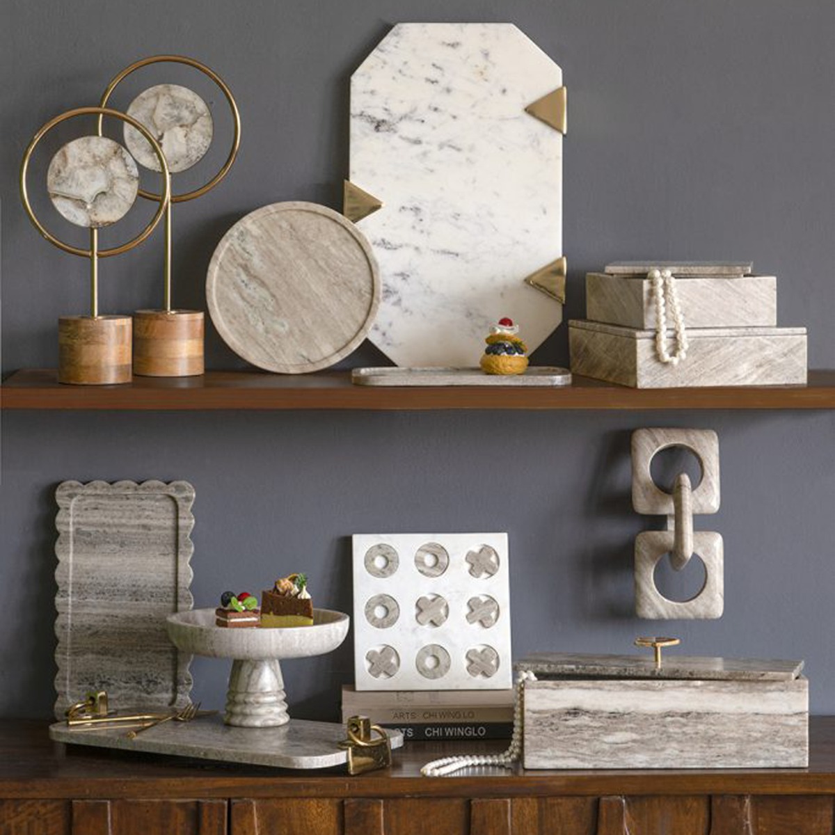 Artekko Marble Γκρι Μαρμάρινος Δίσκος Πλατό με Χρυσές Λεπτομέρειες (45.8x25.5x6.3)cm