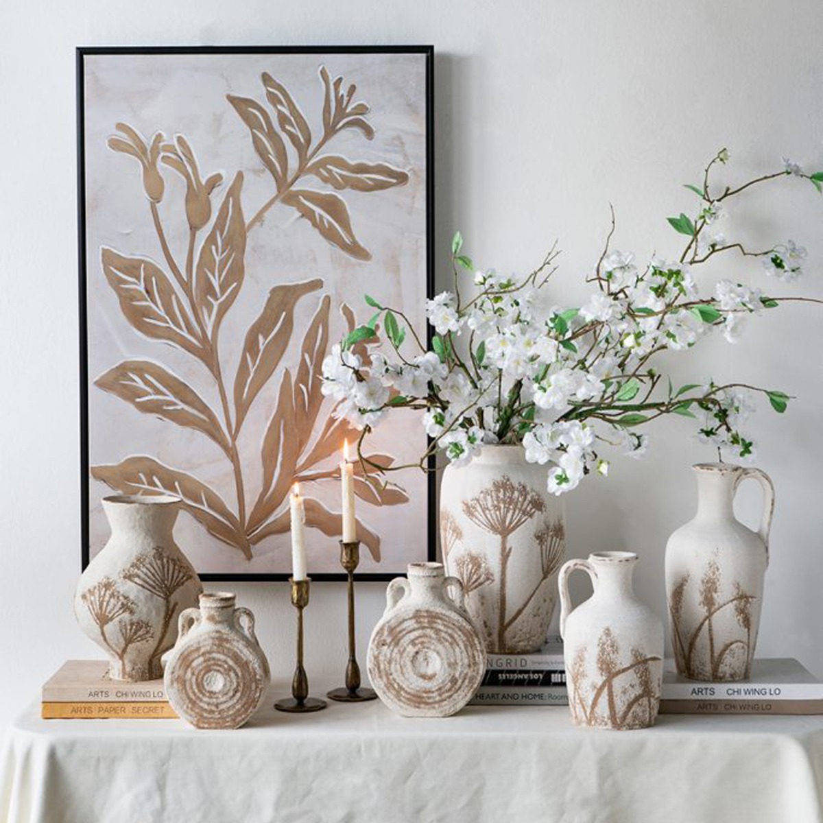 Artekko Antique Λευκό Κεραμικό Βάζο με Καφέ Λεπτομέρειες (18.5x8x23)cm