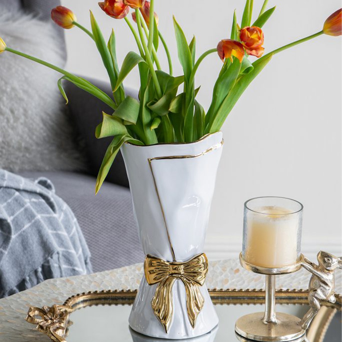 Artekko Glazed Λευκό Κεραμικό Βάζο με Χρυσές Λεπτομέρειες (15.5x15.5x30.7)cm