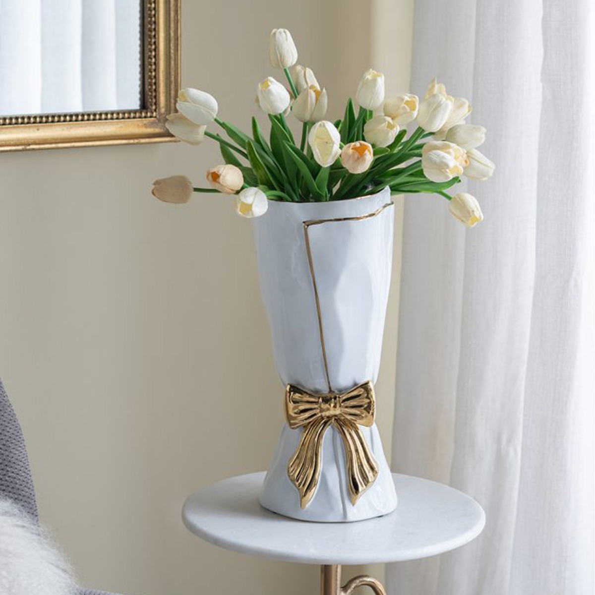 Artekko Glazed Λευκό Κεραμικό Βάζο με Χρυσές Λεπτομέρειες (17x17x37.5)cm