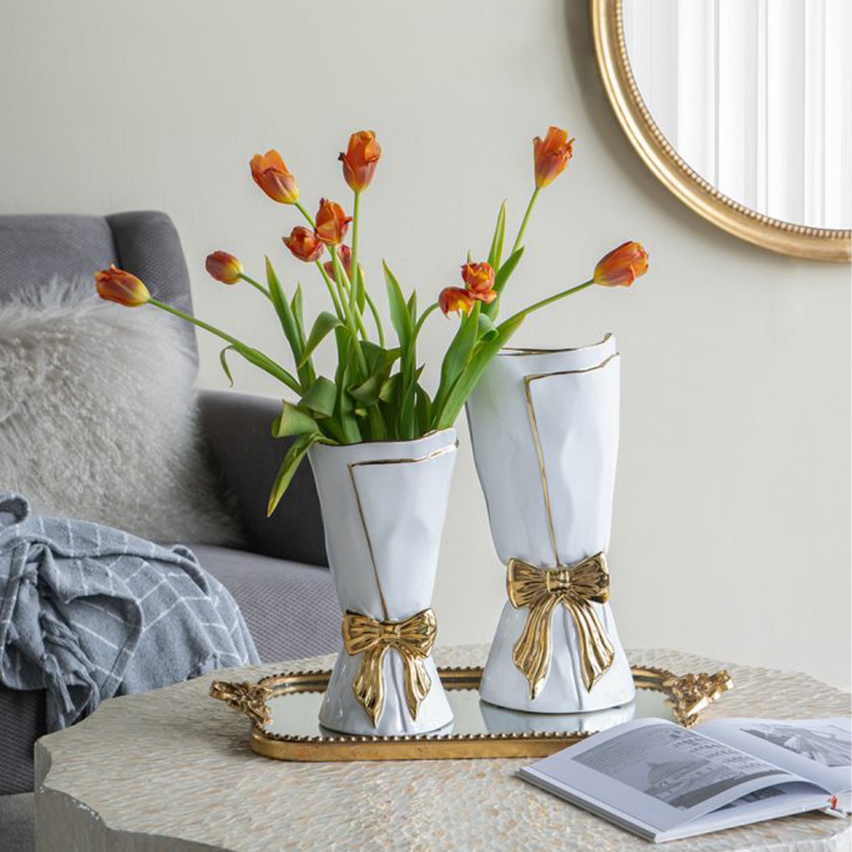 Artekko Glazed Λευκό Κεραμικό Βάζο με Χρυσές Λεπτομέρειες (17x17x37.5)cm