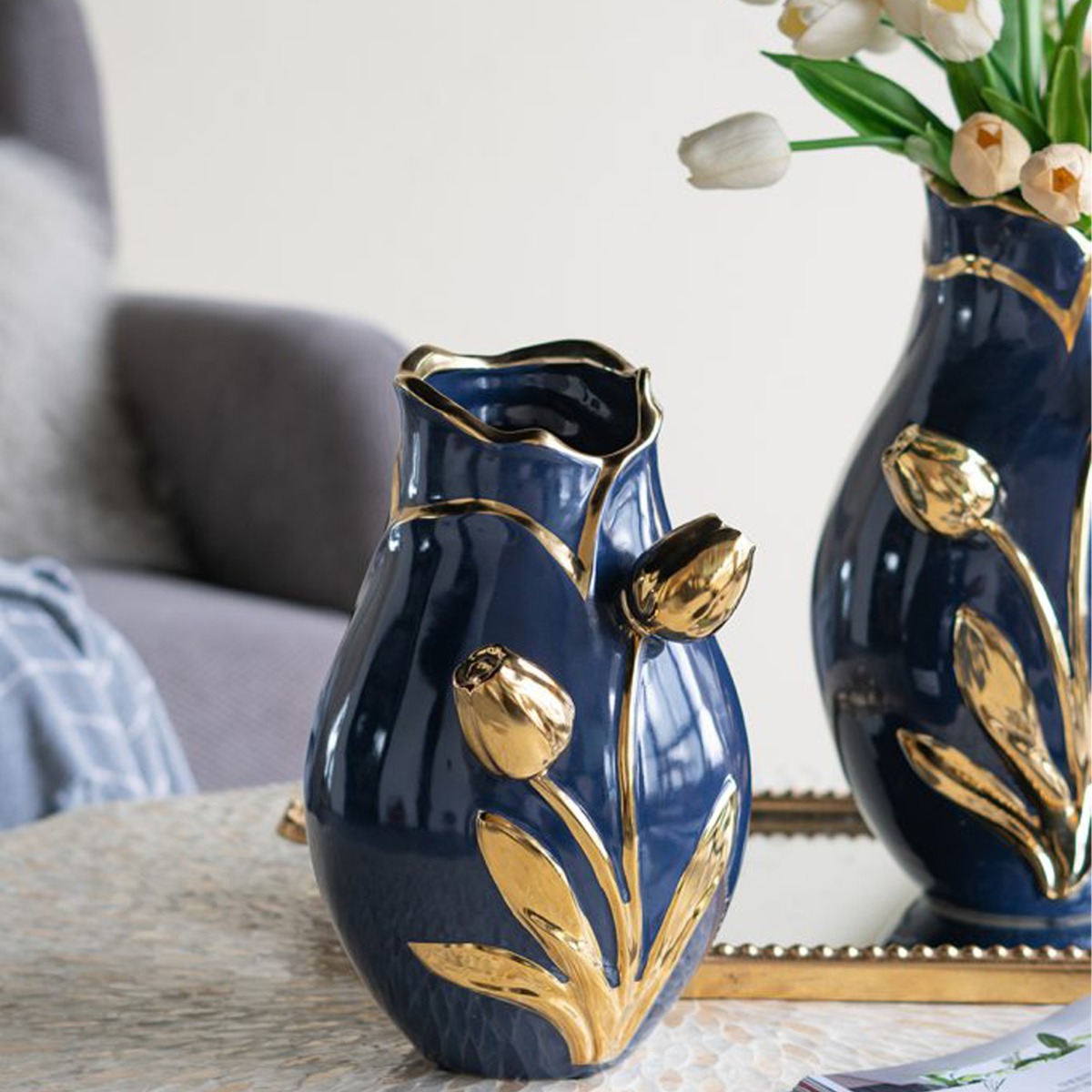 Artekko Glazed Μπλε Κεραμικό Βάζο με Χρυσές Λεπτομέρειες (19x19x28.5)cm