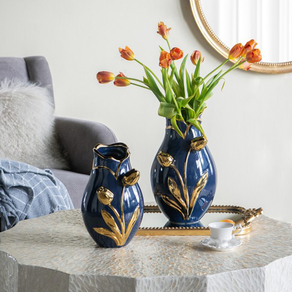 Artekko Glazed Μπλε Κεραμικό Βάζο με Χρυσές Λεπτομέρειες (19x19x28.5)cm