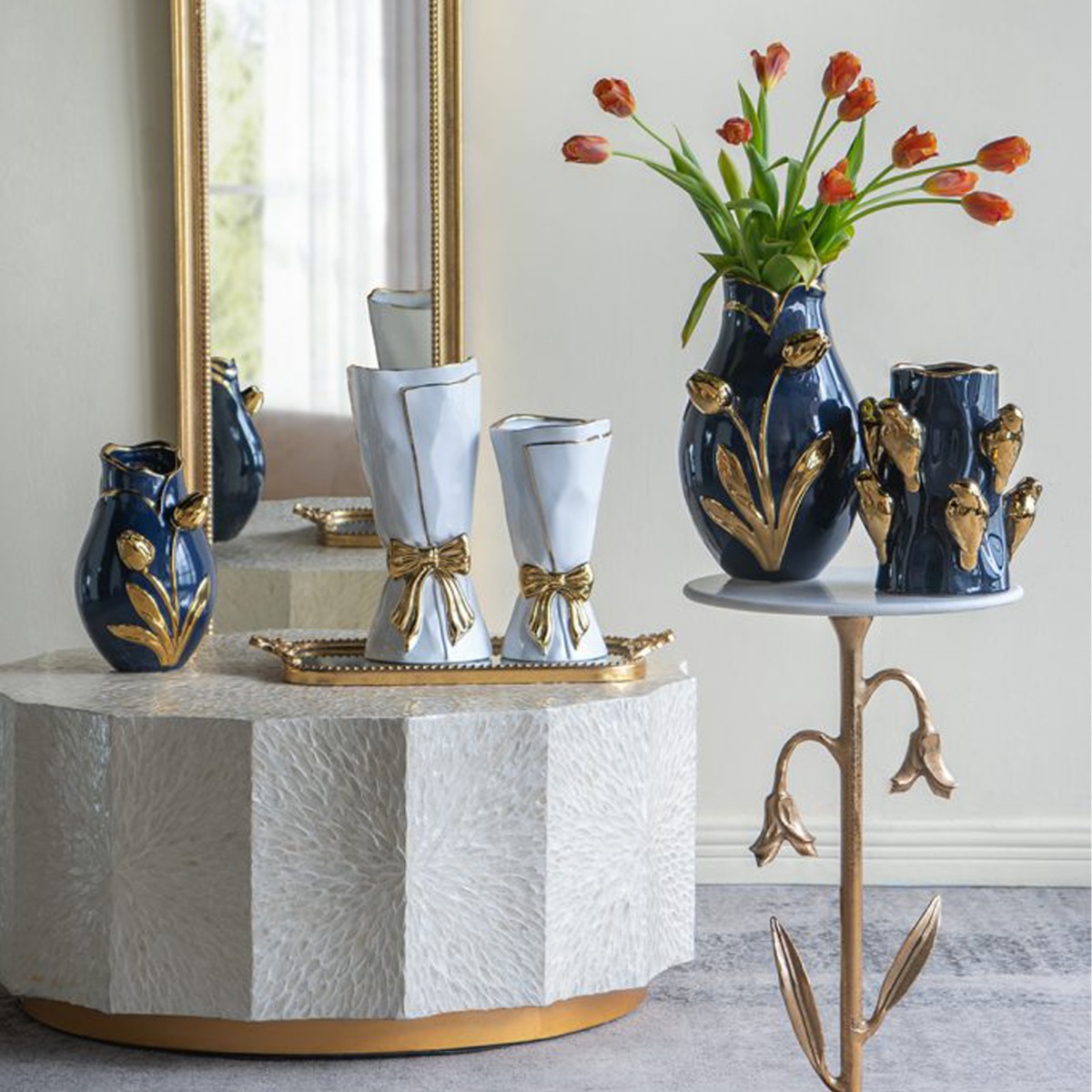 Artekko Glazed Μπλε Κεραμικό Βάζο με Χρυσές Λεπτομέρειες (19x19x28.5)cm