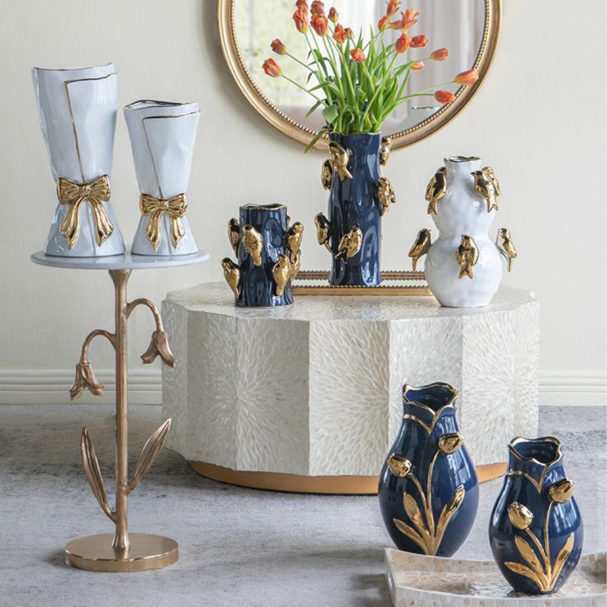 Artekko Glazed Μπλε Κεραμικό Βάζο με Χρυσές Λεπτομέρειες (19x19x28.5)cm