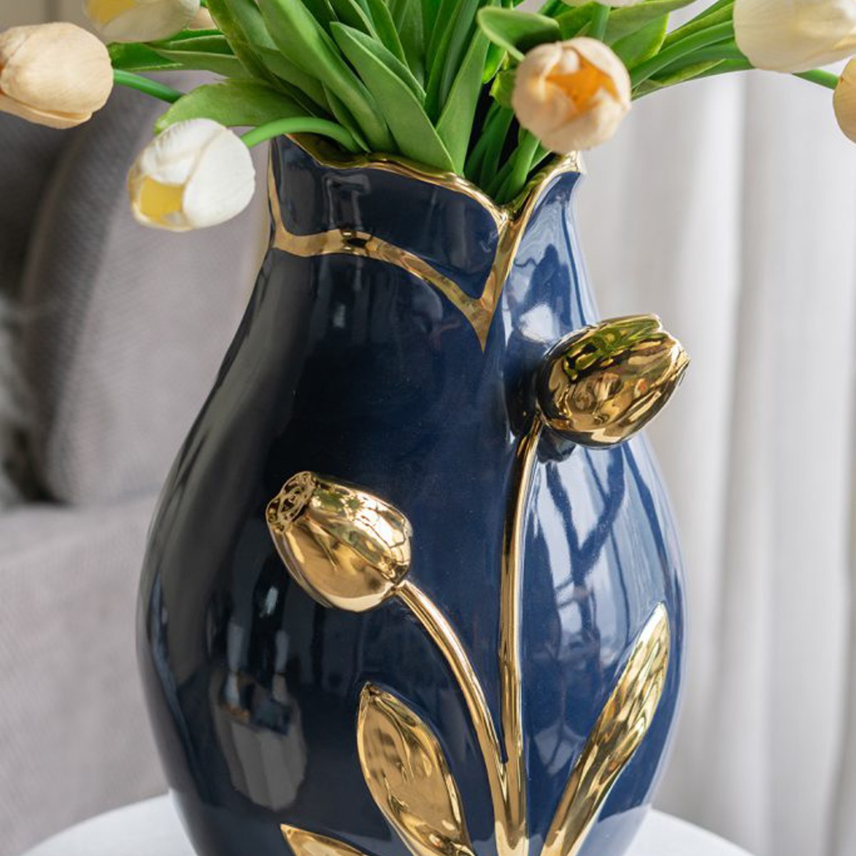 Artekko Glazed Μπλε Κεραμικό Βάζο με Χρυσές Λεπτομέρειες (20x20x34.5)cm