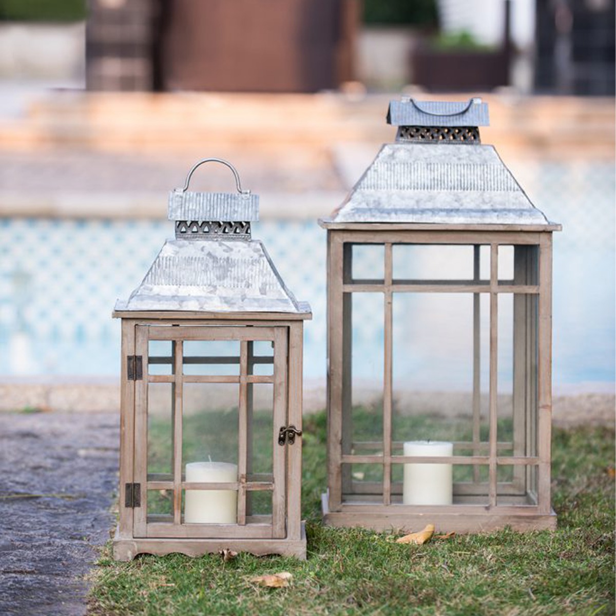 Artekko Lantern Καφέ Ξύλινα Διακοσμητικά Φανάρια (36x25.5x65)cm (28x17.8x53.4)cm 2pcs