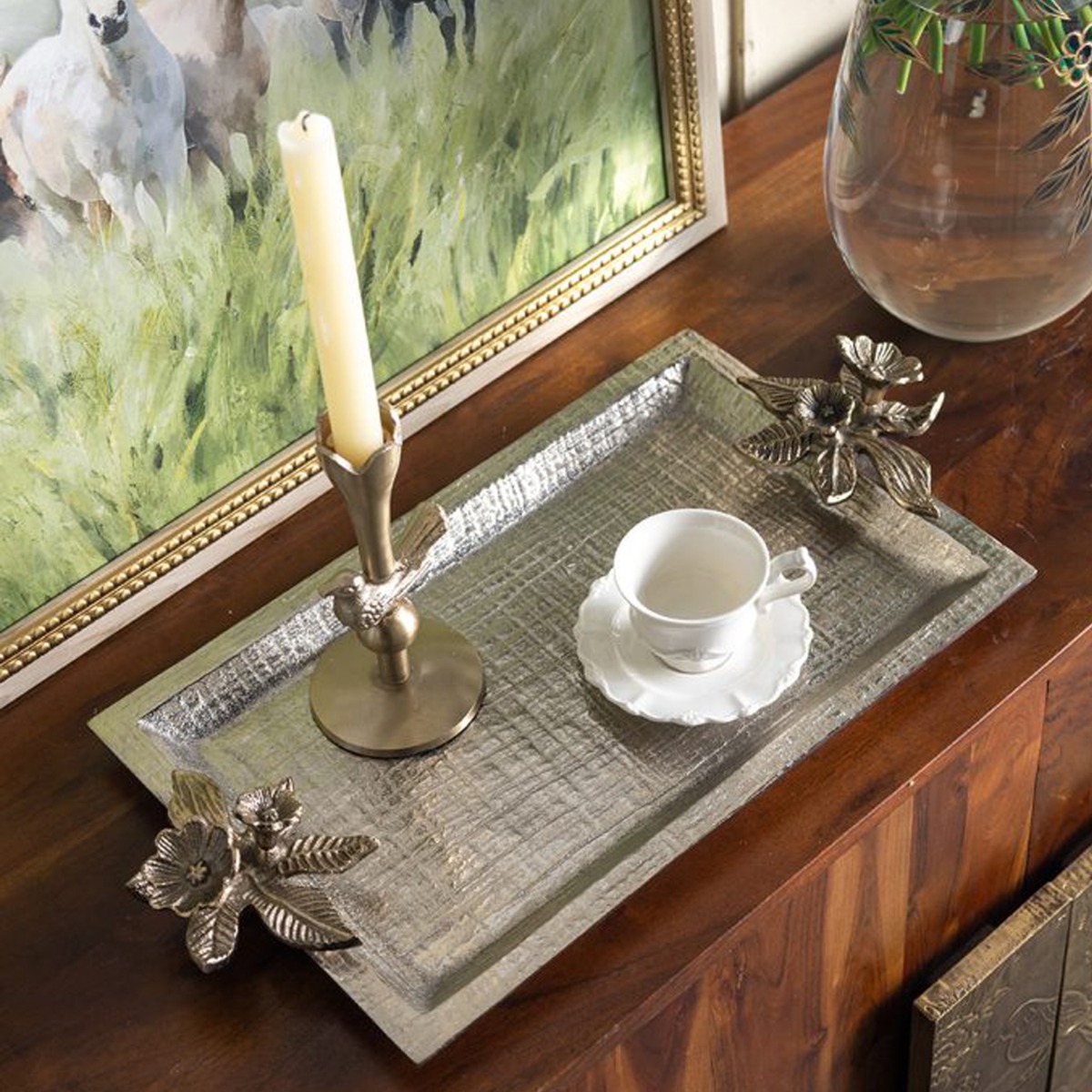 Artekko Branch Ασημί Μεταλλικός Δίσκος (47x24.8x6.4)cm